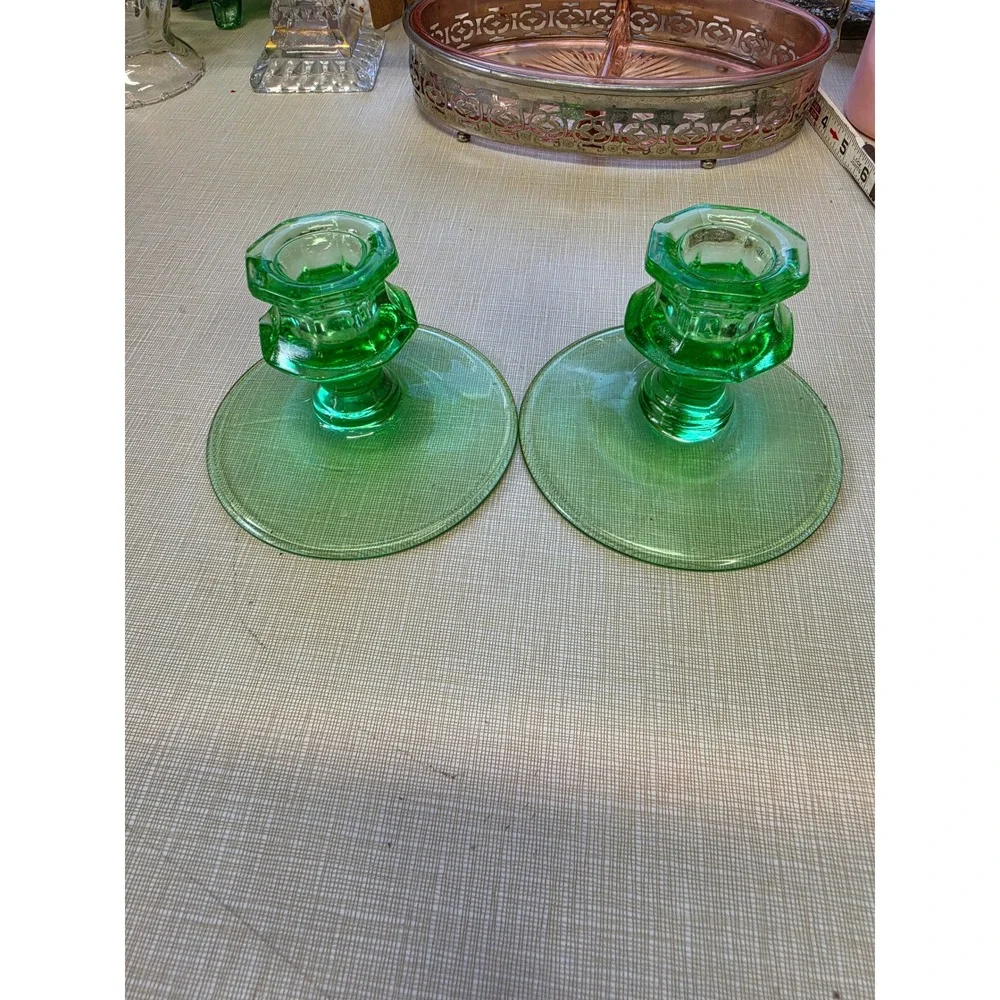 Vintage Green Uranium Glass Candlesticks Hexagonal Base Pair UV Glow Vaseline